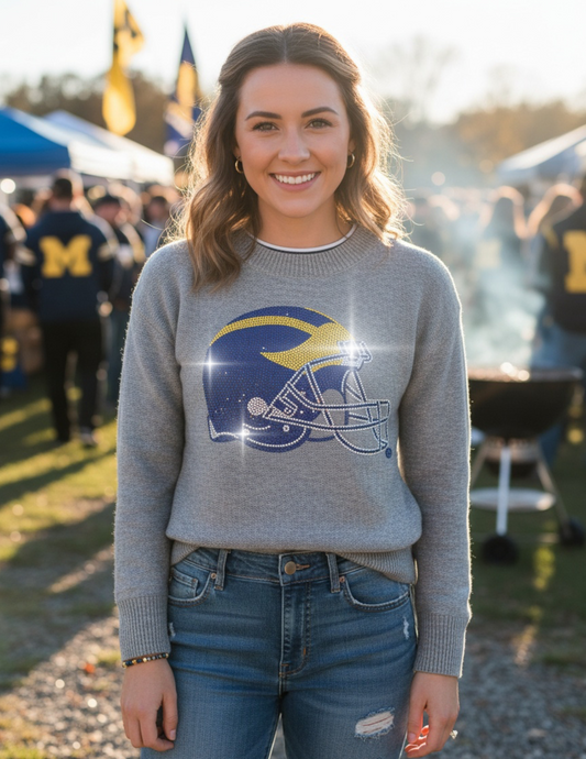 Licensed Game Day Sweater, Crewneck Grey, University of Michigan Helmet