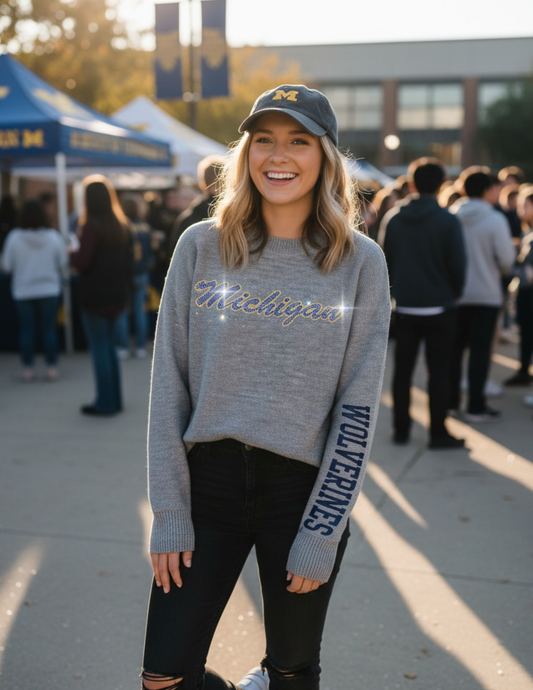 Licensed Game Day Sweater, Crewneck Grey, University of Michigan Script Wolverines