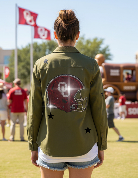 Licensed Game Day Shacket, Army Green, Univ of Oklahoma Helmet