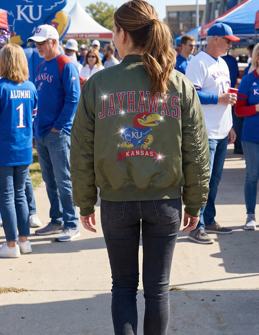 University of Kansas Jayhawks KU Kansas Army Green Bomber Jacket