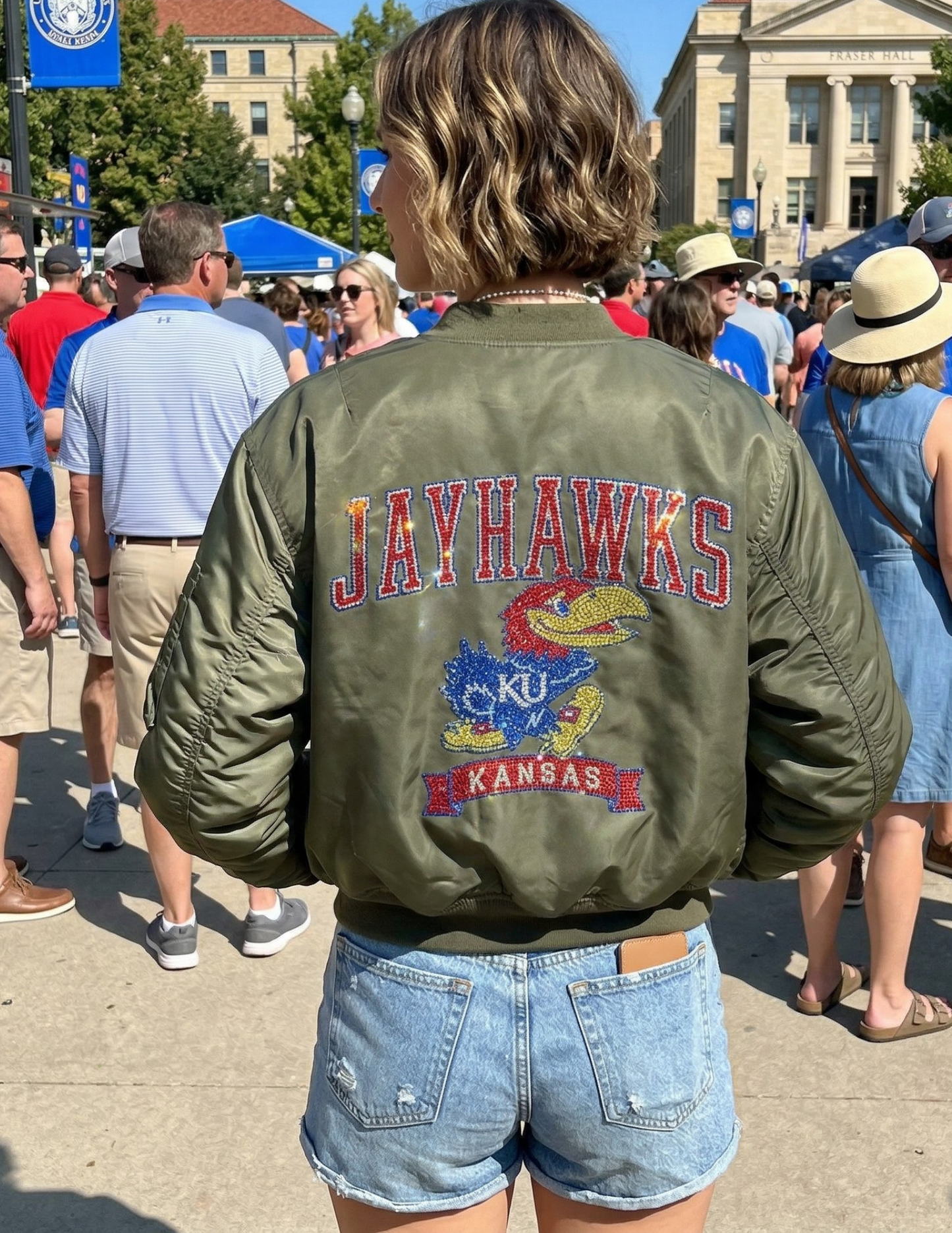 University of Kansas Jayhawks KU Kansas Army Green Bomber Jacket