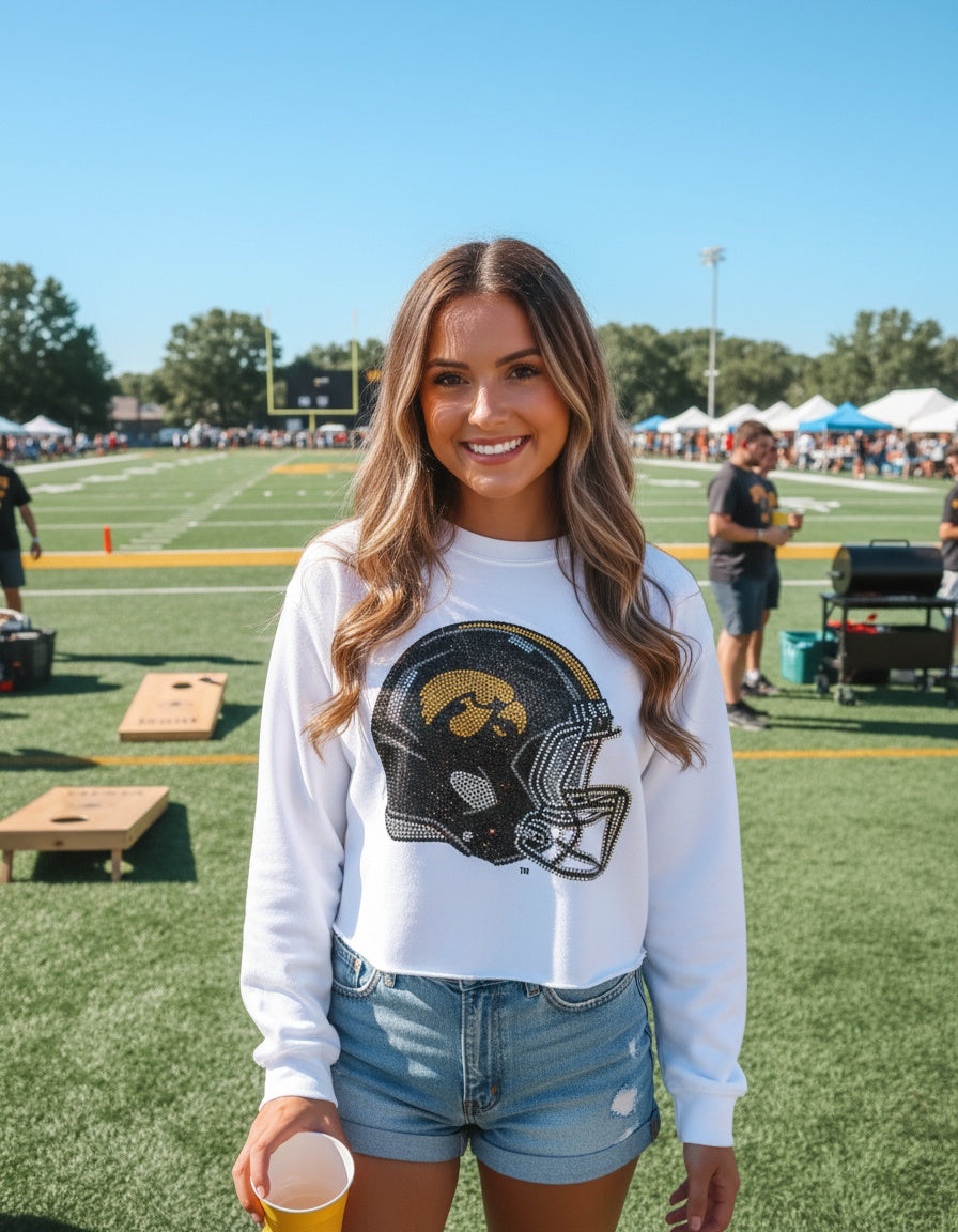 Licensed Game Day Sweatshirt, White, Univ of Iowa Helmet