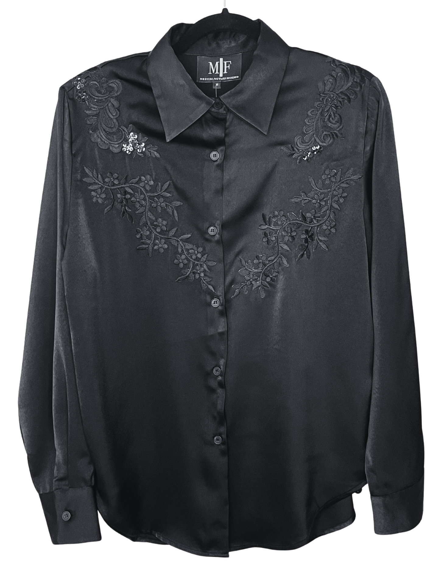 Shirt, Silky Black, Lace Flowers
