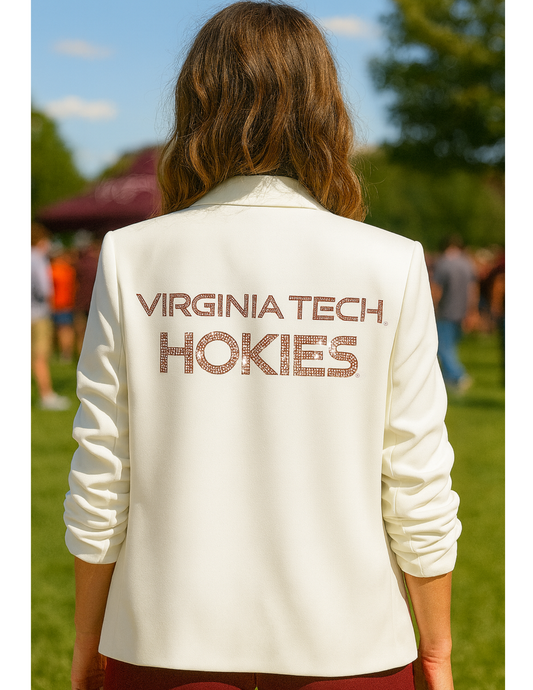 Licensed Game Day Blazer, White Ruched, Virginia Tech Hokies Script