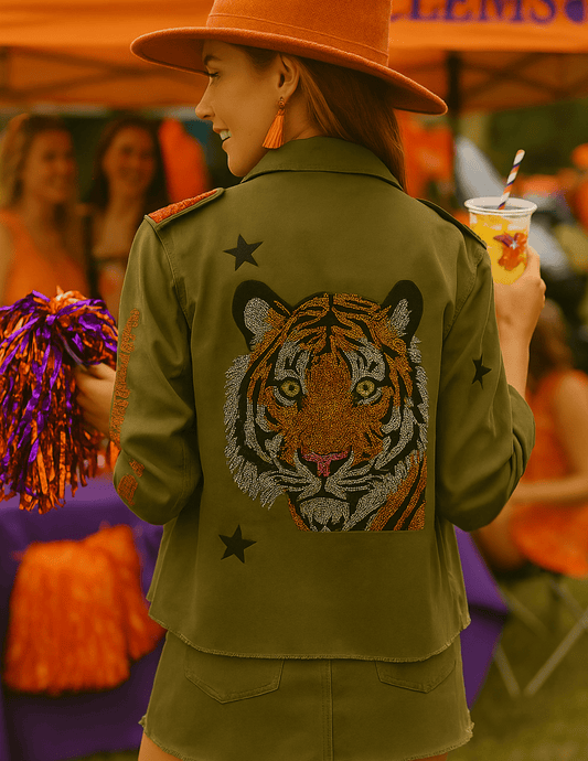 Licensed Game Day Shacket, Army Green, Tiger Face w/ Clemson