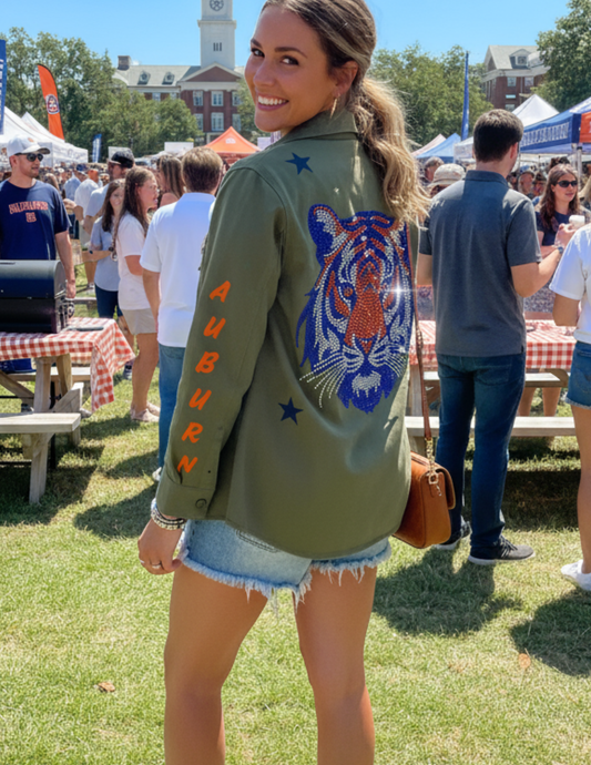 Licensed Game Day Shacket, Army Green, Auburn Univ Orange & Navy Tiger