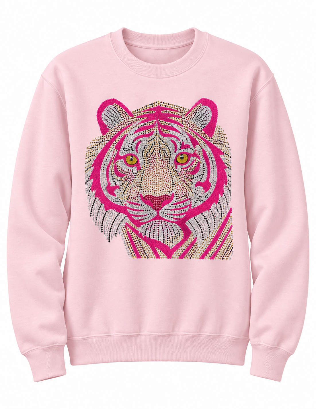 Pink crewneck sweatshirt with a rhinestone tiger face in hot pink stripes, limited edition