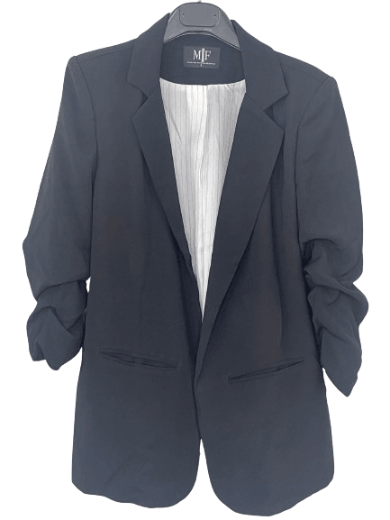 Black Ruched Blazer with Pinstripe Lining Crystal Silver Tiger