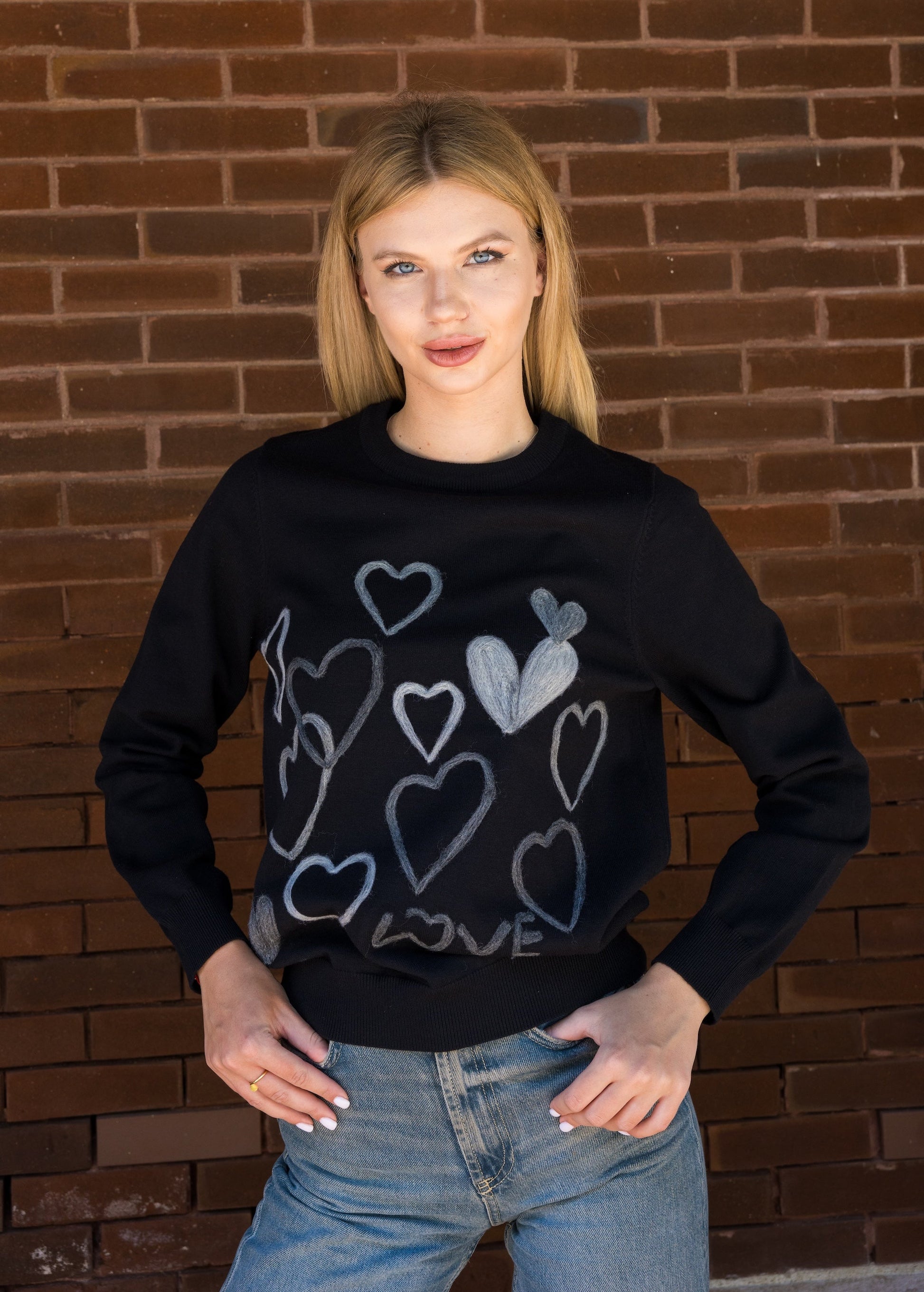 Sweater, Embroidered Hearts, Black Gray Moving Forward Designs