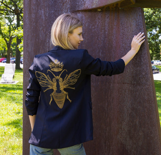 Black Ruched Blazer with Pinstripe Lining with Crystal Gold Queen Bee