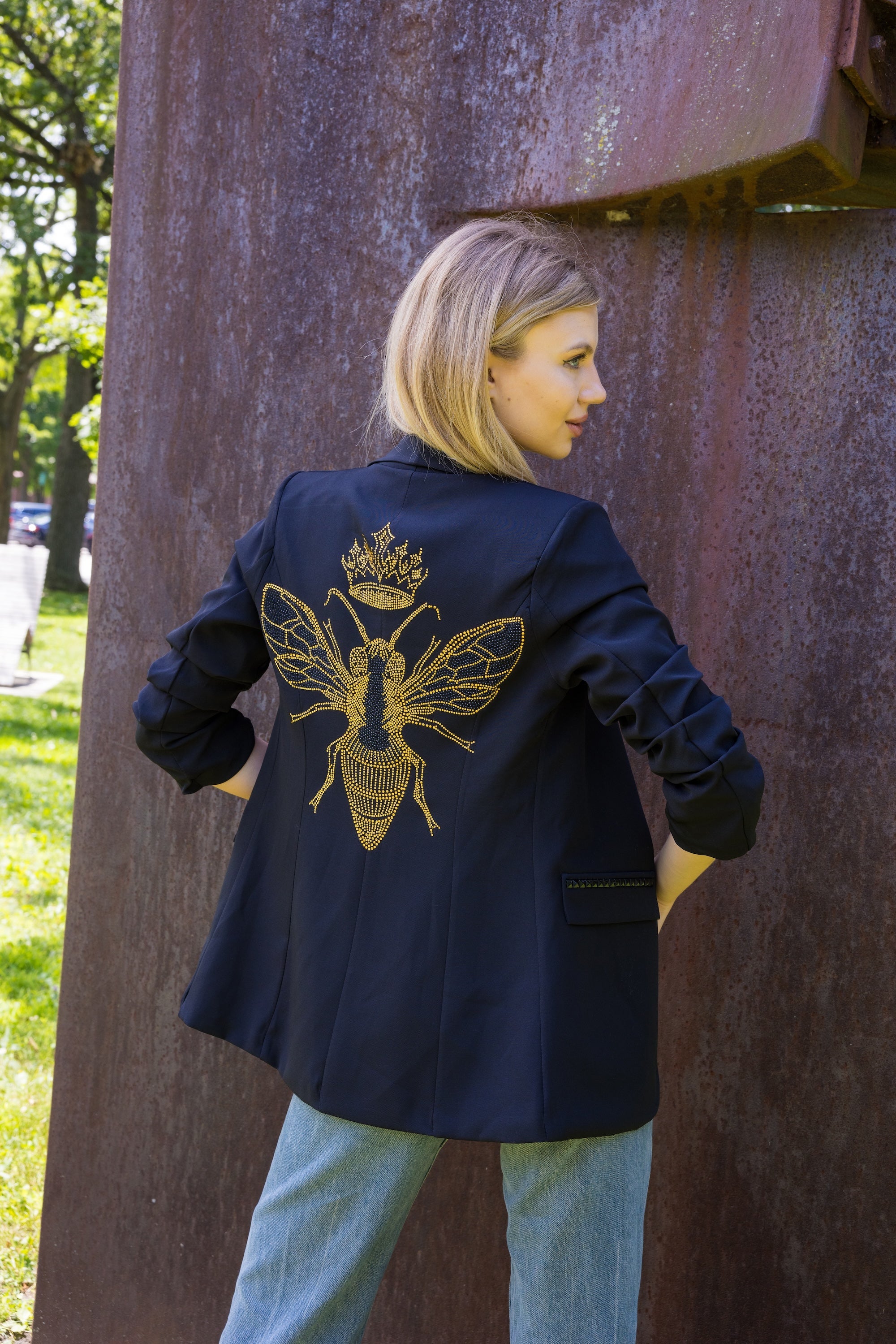 Gold Queen Bee Black Ruched Sleeve Blazer