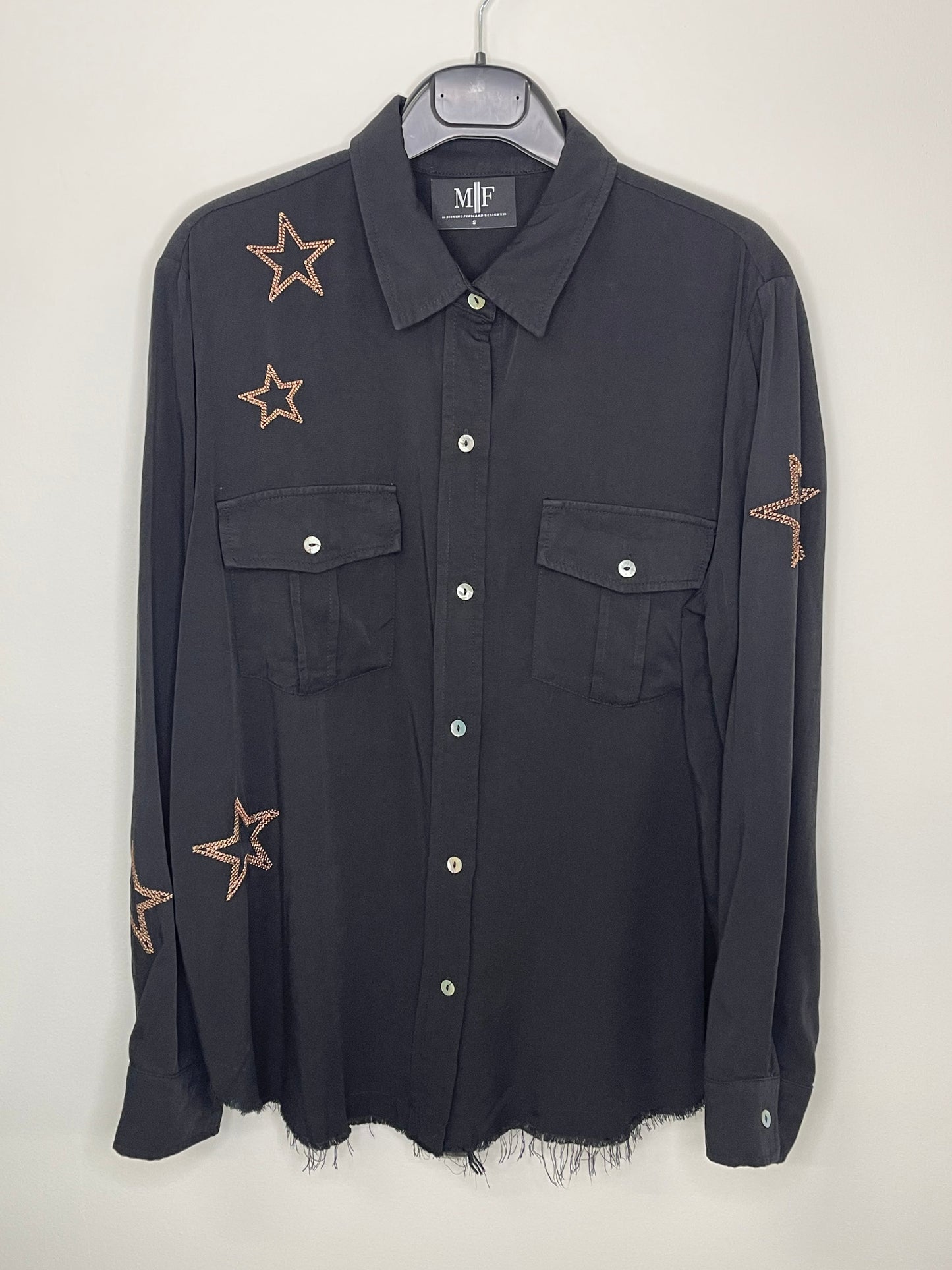 Shirt, Embroidered Star Black, Gold Queen Bee