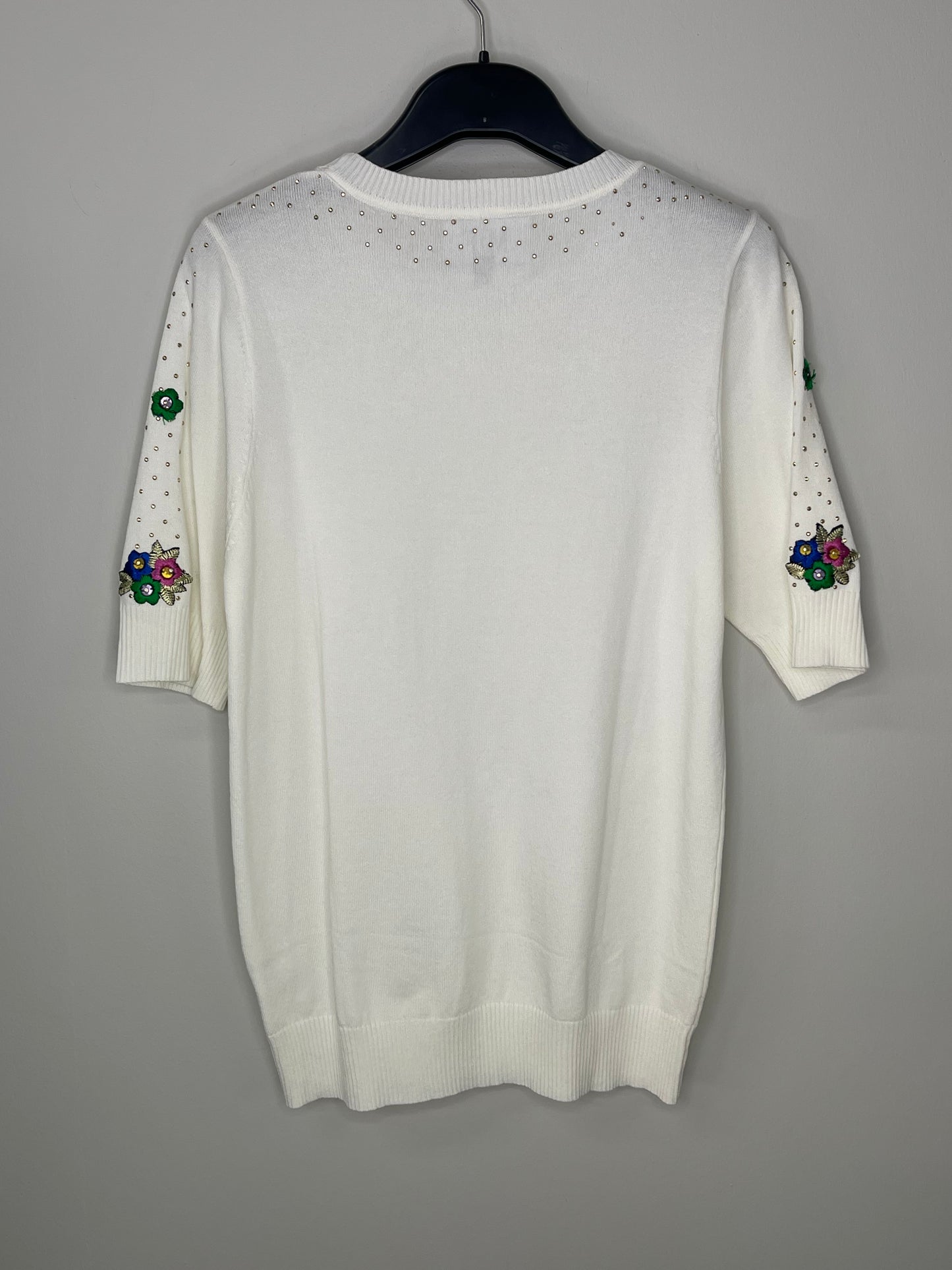 Sweater, Short Sleeve, Cream with Flowers & Gold Crystals
