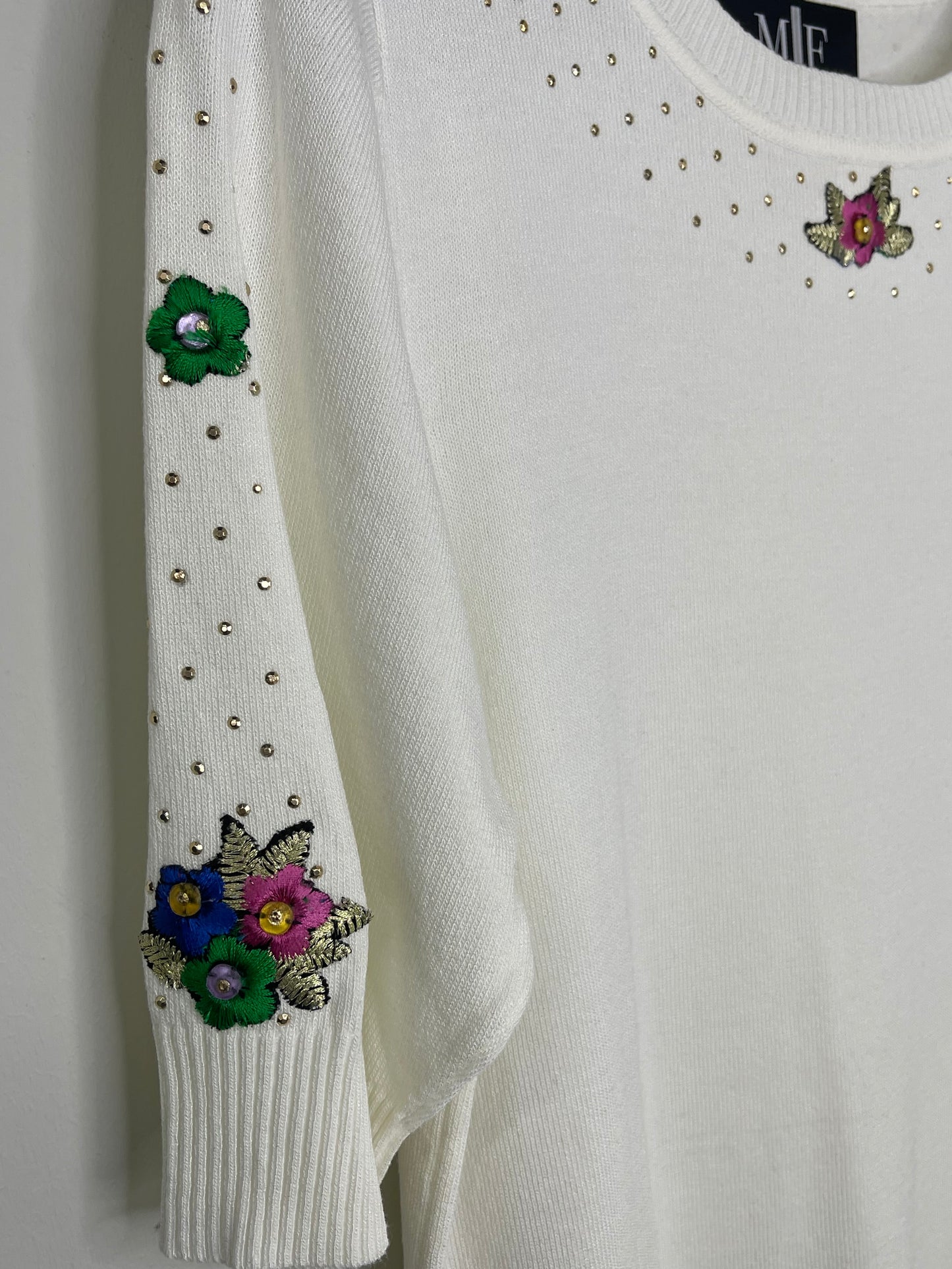 Sweater, Short Sleeve, Cream with Flowers & Gold Crystals