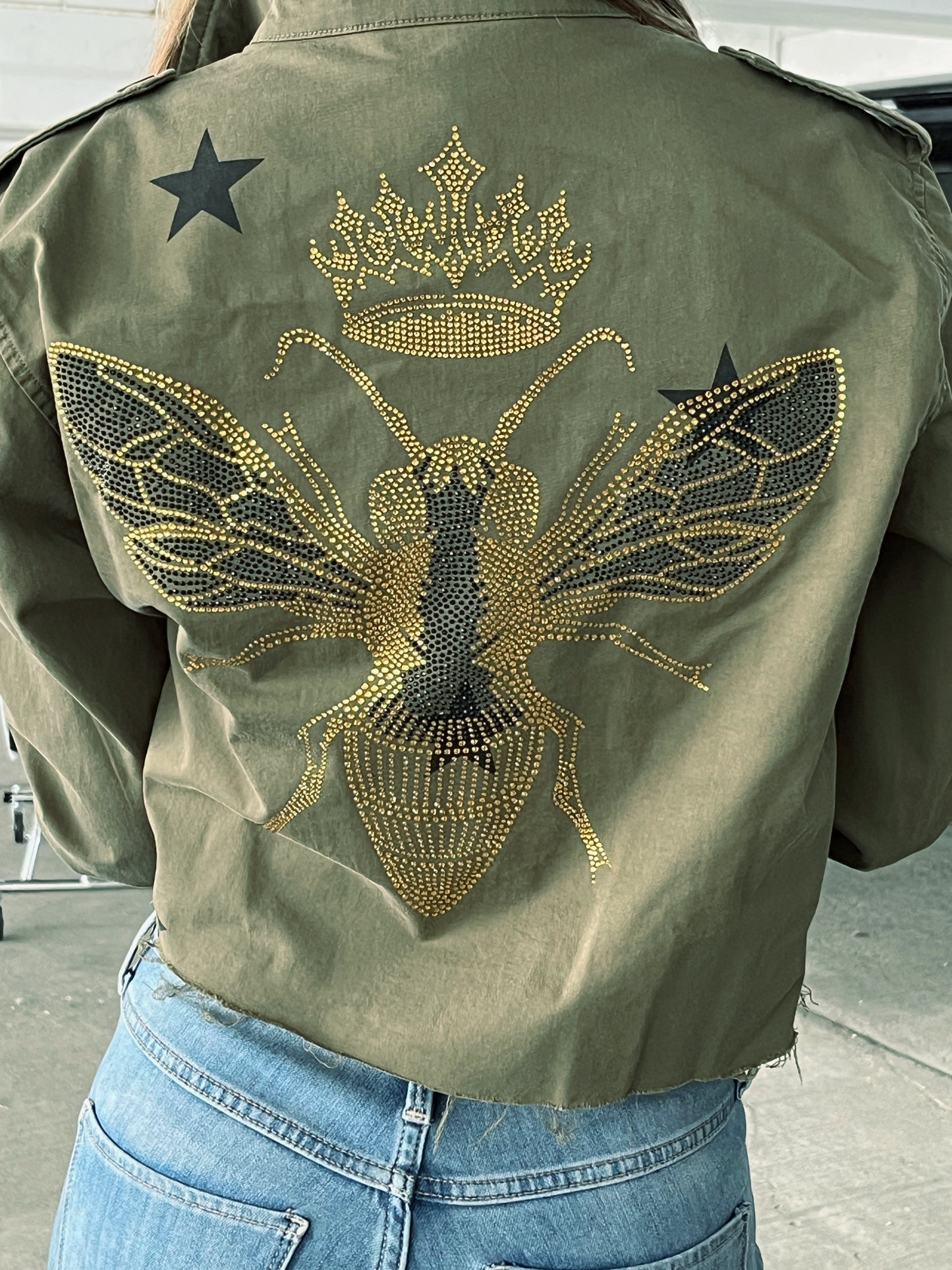 Gold Queen Bee CROPPED Green Army Shacket