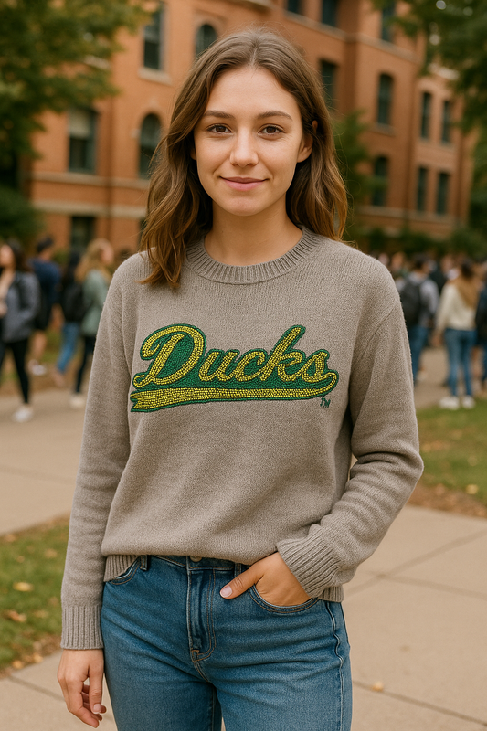 Licensed Game Day Sweater, Crewneck Gray, University Of Oregon Ducks Script
