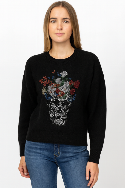 Sweater, Crewneck Black, Skull Flowers