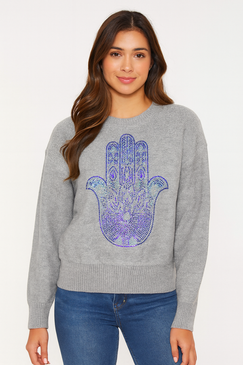 Gray Sweater w/ Blue Hamsa
