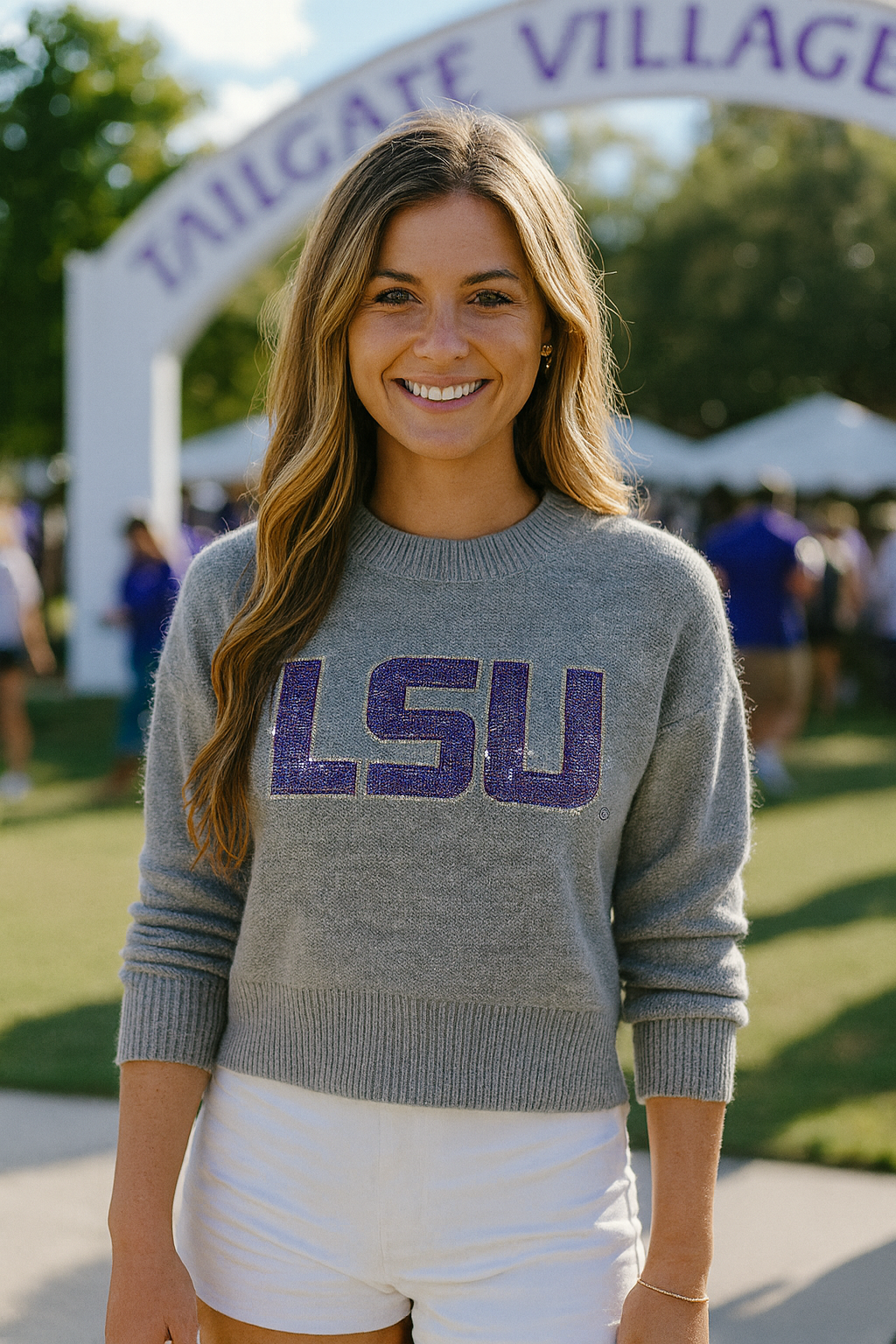 Licensed Game Day Sweater, Gray, Crystal LSU