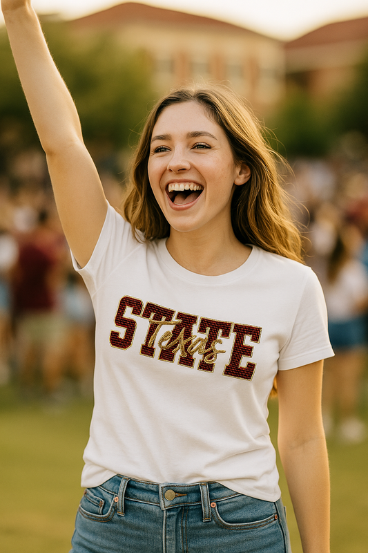 Licensed Game Day T-Shirt, Crewneck White, Texas State Script