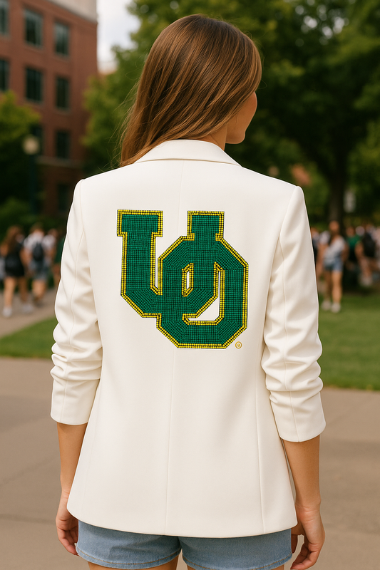 Licensed Game Day Blazer, White Ruched, University Of Oregon Large Interlocking UO