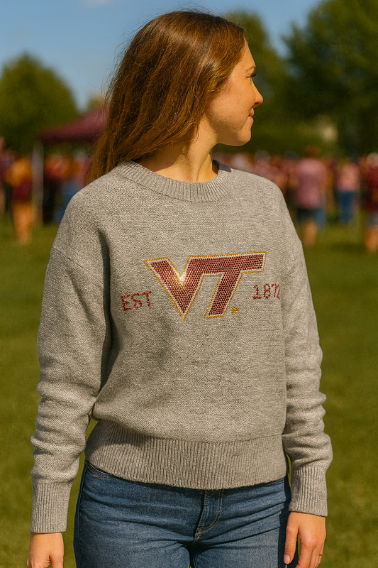 Licensed Game Day Sweater, Crewneck Grey, Virginia Tech EST 1872
