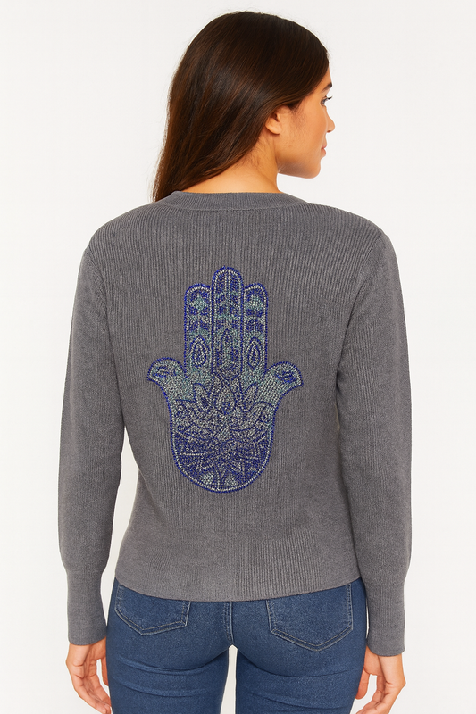 Gray Cardigan w/ Blue Hamsa
