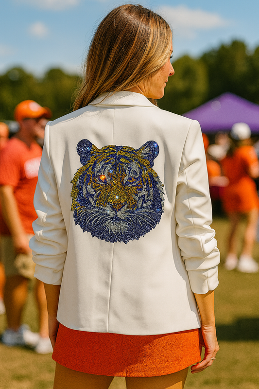 Licensed Game Day, White Blazer, Clemson Tiger Face