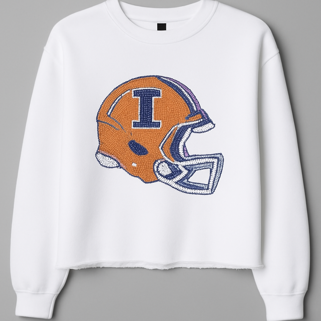Licensed Game Day Sweatshirt, Crewneck White, University of Illinois Helmet