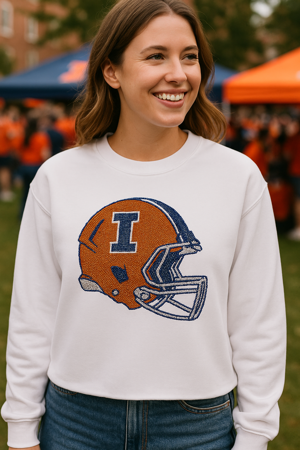 Licensed Game Day Sweatshirt, Crewneck White, University of Illinois Helmet