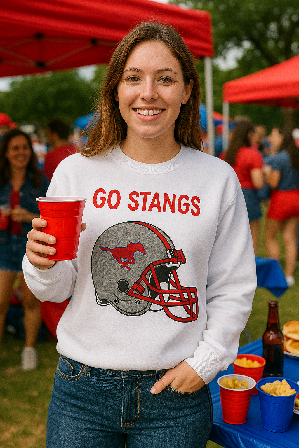 Licensed Game Day Sweatshirt, Crewneck White, SMU Go Stangs Helmet