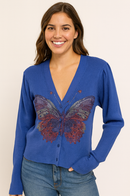 Sweater, Cardigan Puff Shoulder Blue, Butterfly