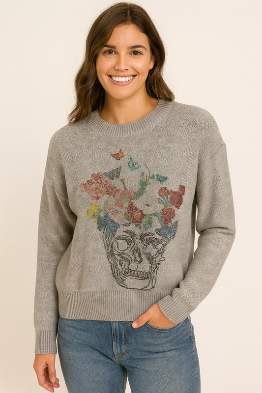 Sweater, Crewneck Gray, Flower Skull