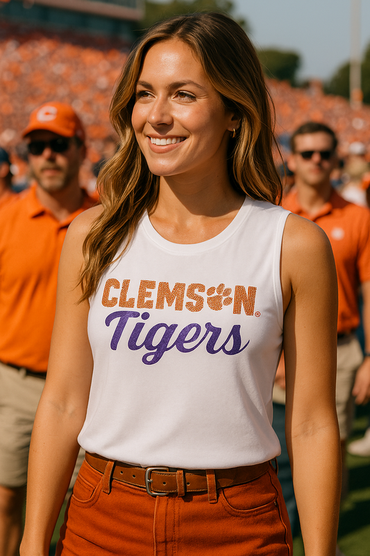 Licensed Game Day Tank Top, White, Clemson University Tigers Script