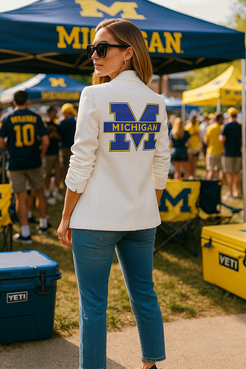 Licensed Game Day Blazer, White Ruched, University of Michigan Block M