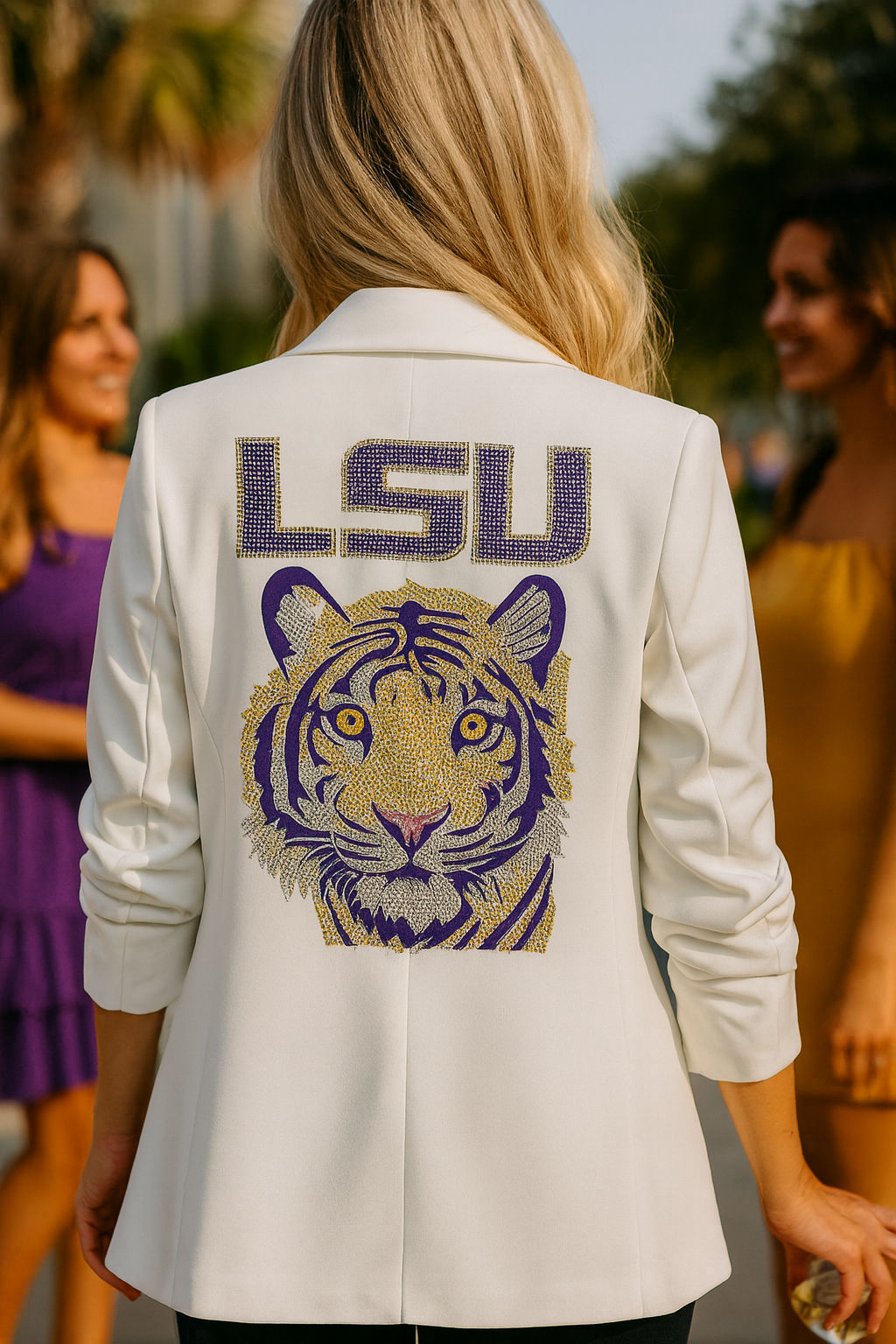 Licensed Game Day, White Blazer, Crystal LSU Purple Tiger