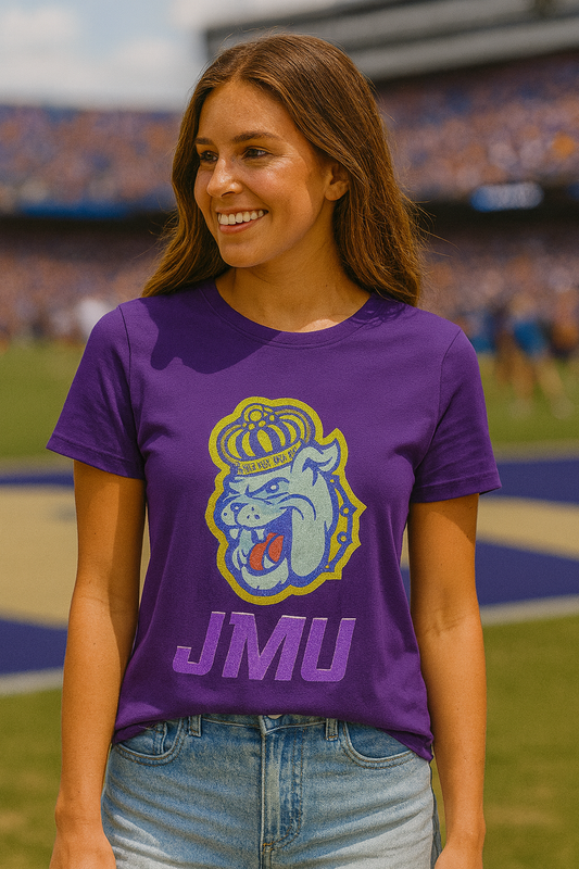 Licensed Game Day T-Shirt, Crewneck Purple, JMU Multi Bulldog