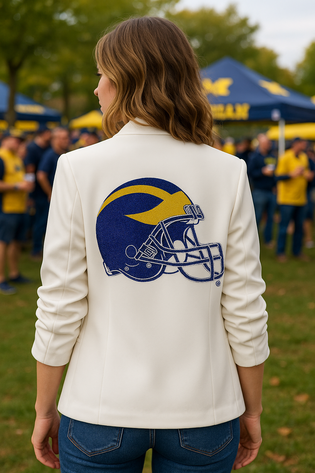 Licensed Game Day Blazer, White Ruched, University of Michigan Helmet