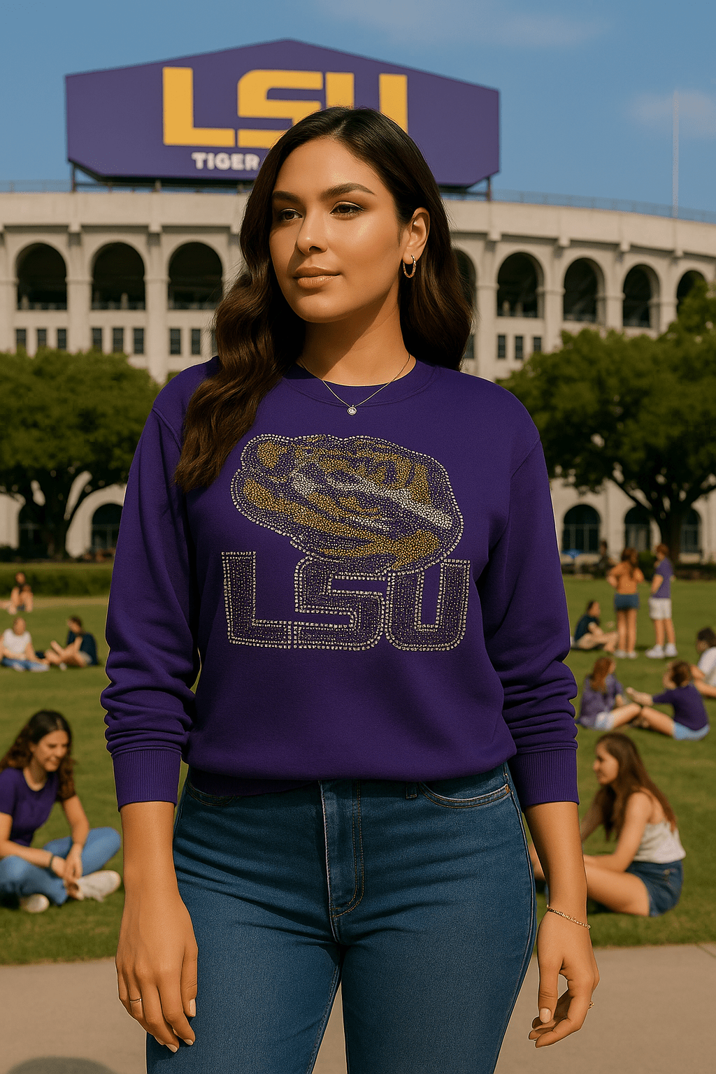 Licensed Game Day Sweatshirt, Crewneck Purple, LSU w/ Tiger Eye
