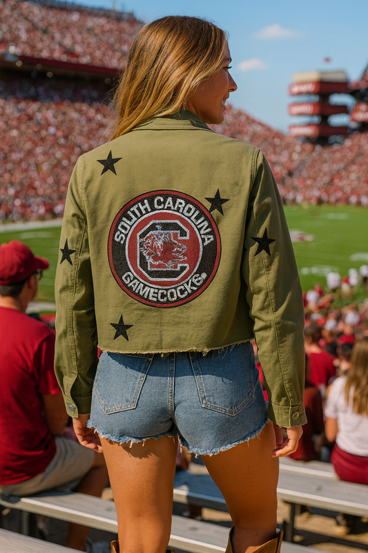 Licensed Game Day Jacket, Army Shacket Cropped, University of South Carolina, Circle Gamecock