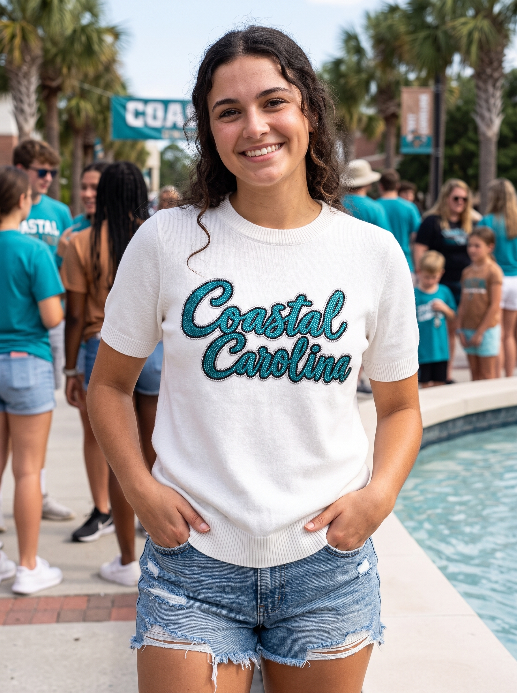 Coastal Carolina Script Ivory Short Sleeve Sweater