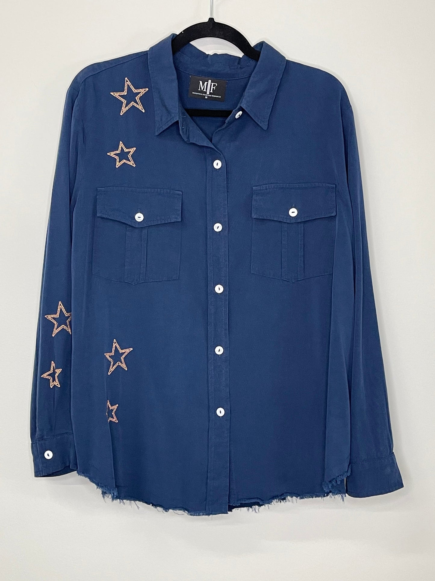 Shirt, Embroidered Star Navy, Blue/Green Peace Sign