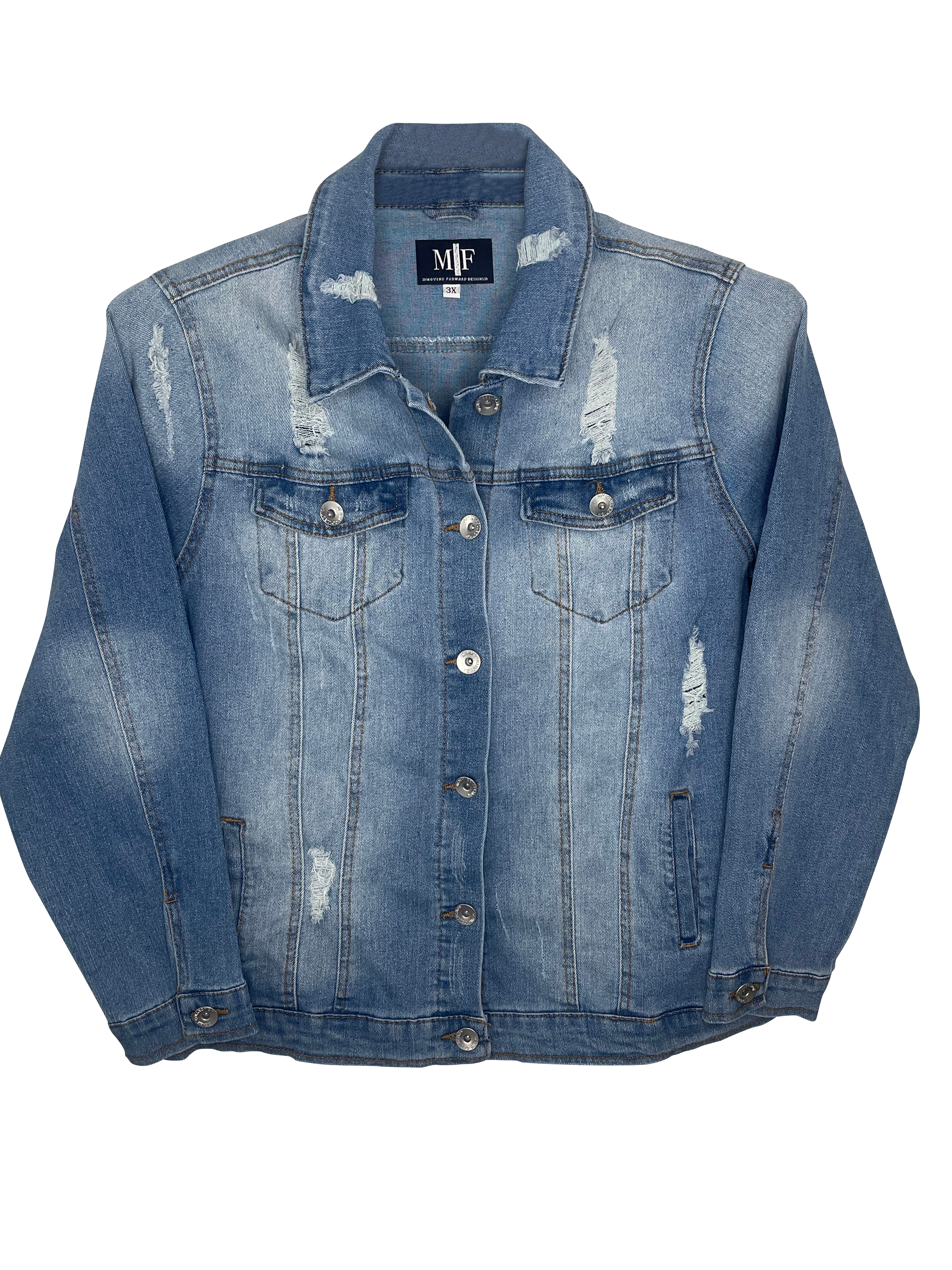 Jacket, Blue Denim Extended Size, Stretchy Distressed, Butterfly