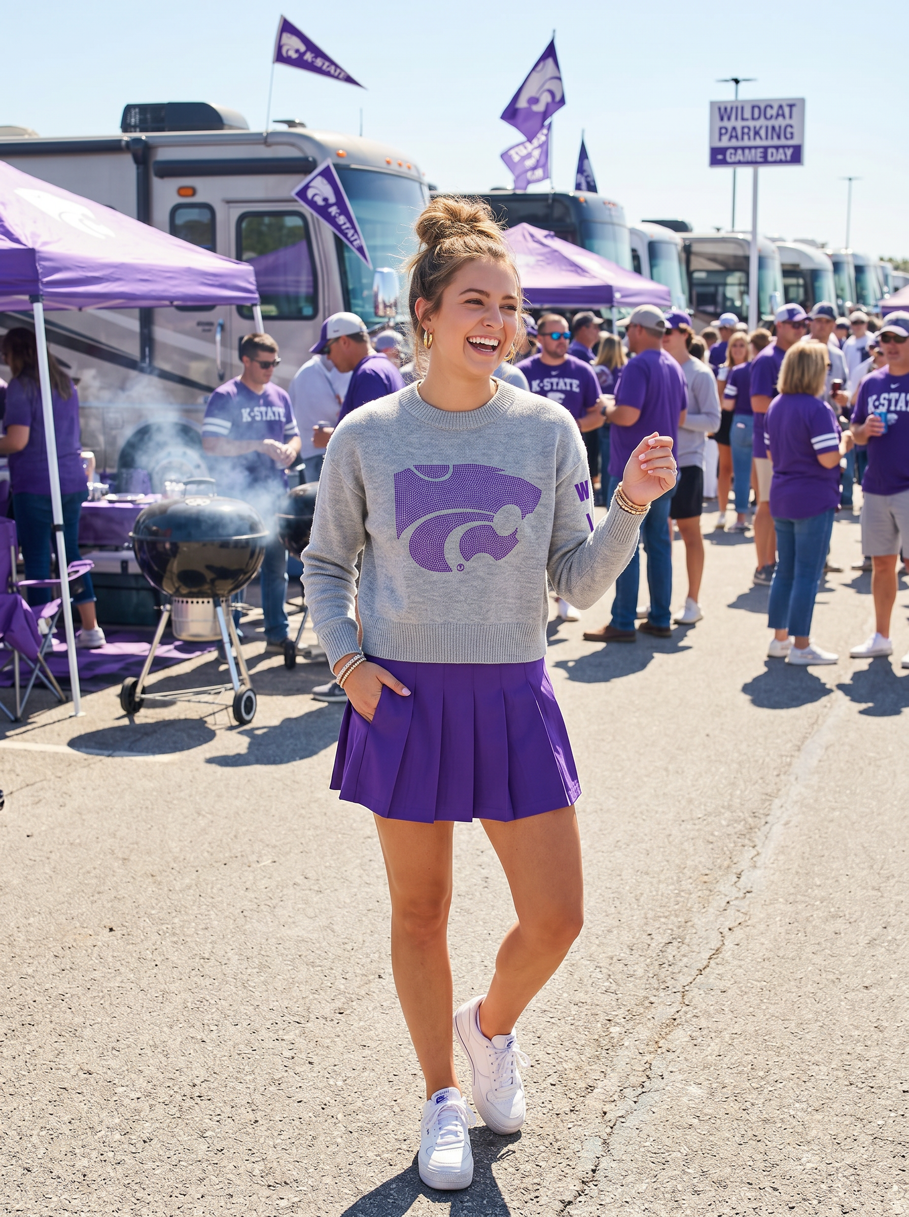 Kansas State Powercat & Wildcats Script  Gray Crewneck Sweater