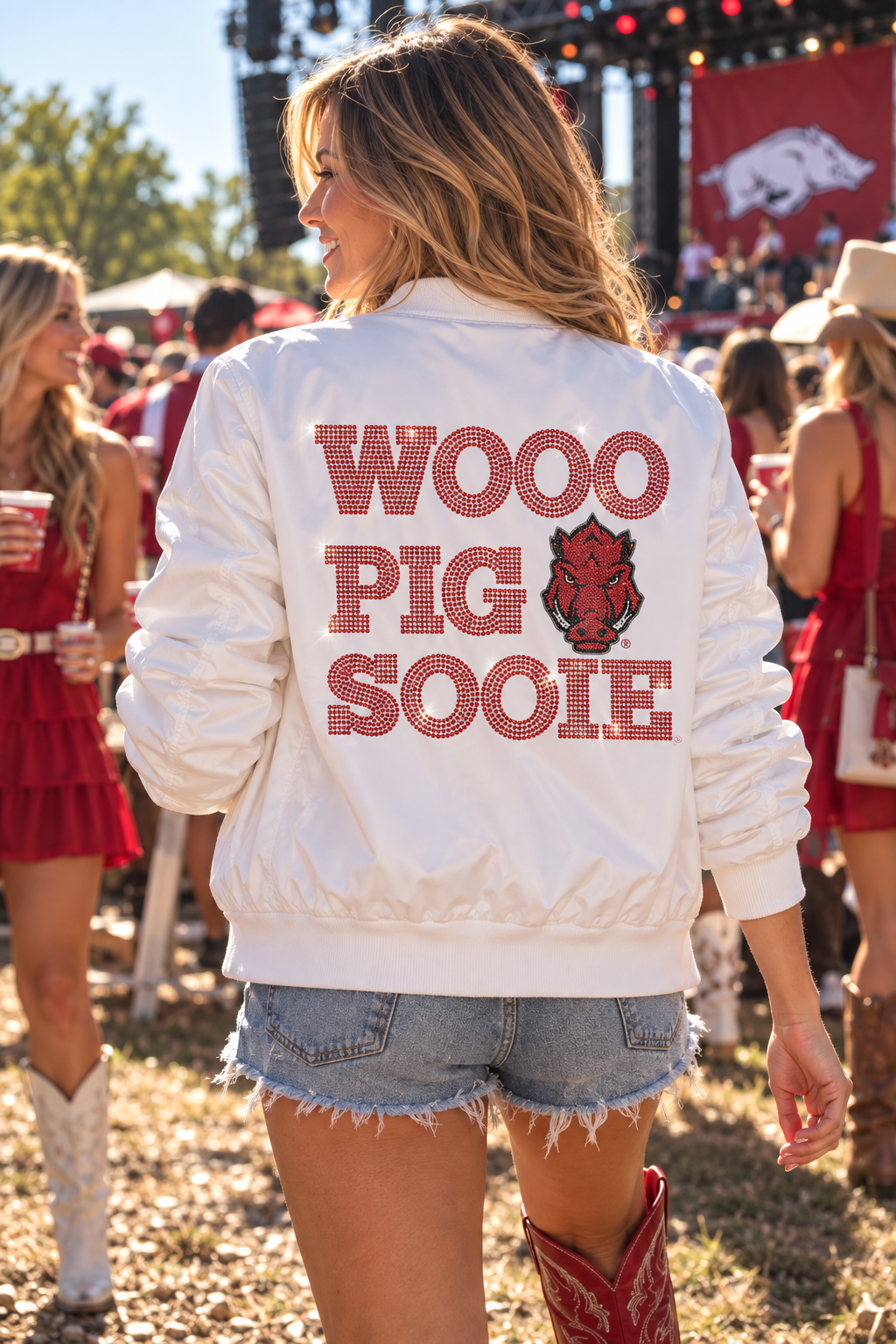 University of Arkansas Wooo Pig Sooie Razorback White Bomber Jacket