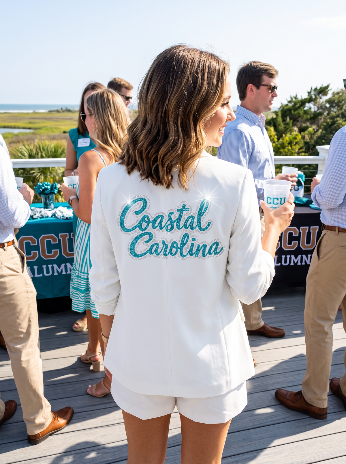 Coastal Carolina Script White Ruched Sleeve Blazer