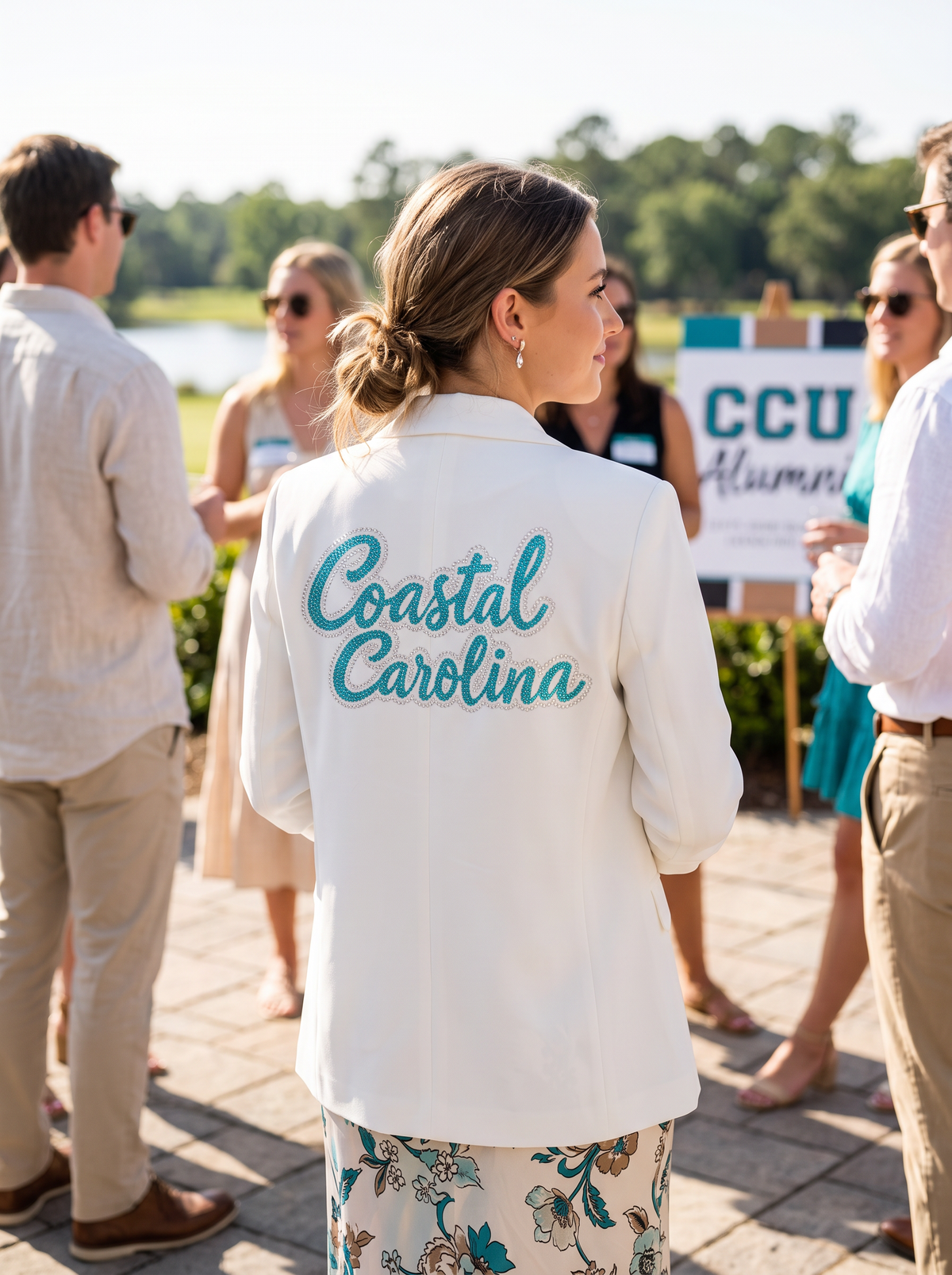 Coastal Carolina Script White Ruched Sleeve Blazer