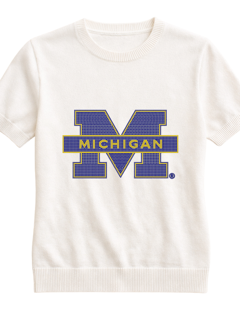 University of Michigan Block M White Crewneck Short Sleeve Sweater