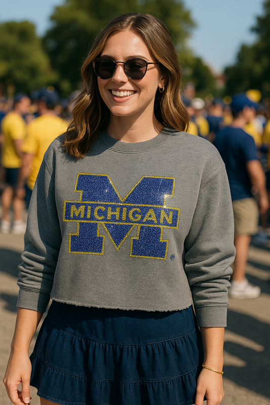 Licensed Game Day Sweatshirt, Crewneck Grey, University of Michigan Block M