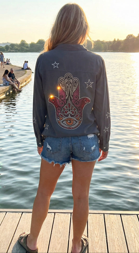 Hamsa Embroidered Gray Star Shirt